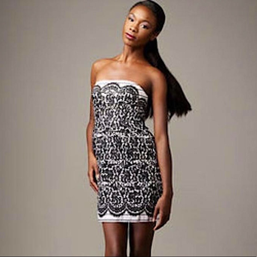 NWOT Tibi Black & Ivory Floral Silk Blend Strapless Dress SZ 8 w/ Measur…